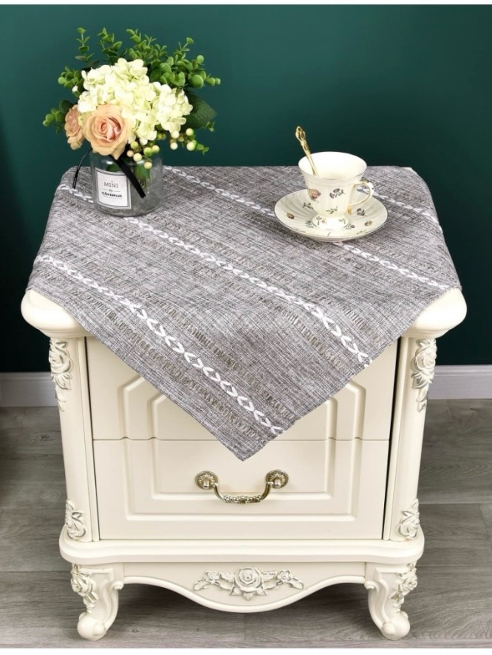 Embroidered Linen-Like Texture Small Square Side Table Cloth 24x24” COFFEE